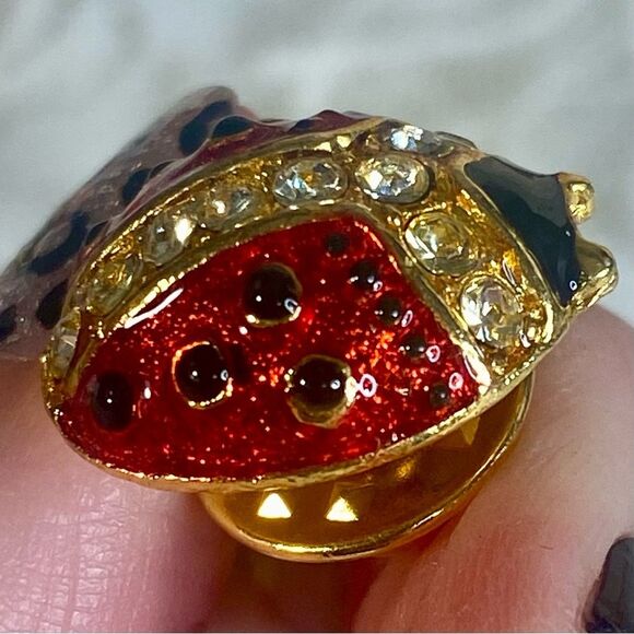 Vintage Ladybug Brooch Lapel Pin Elegant Enameled with Rhinestone Detail - Picture 2 of 6